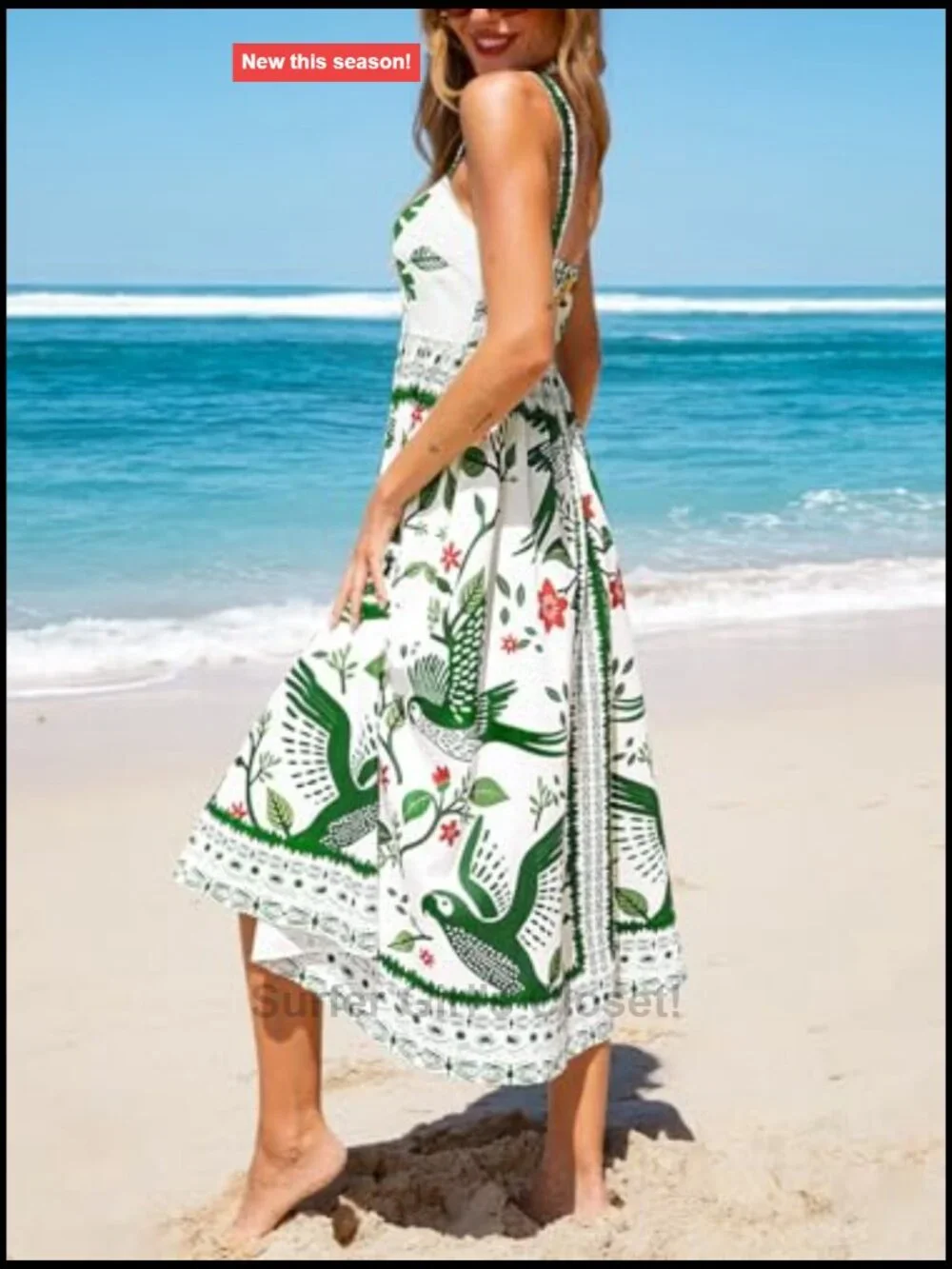 Sleeveless Square Neck Tropical Maxi Dress with Elastic Waist - A-Line Flowy